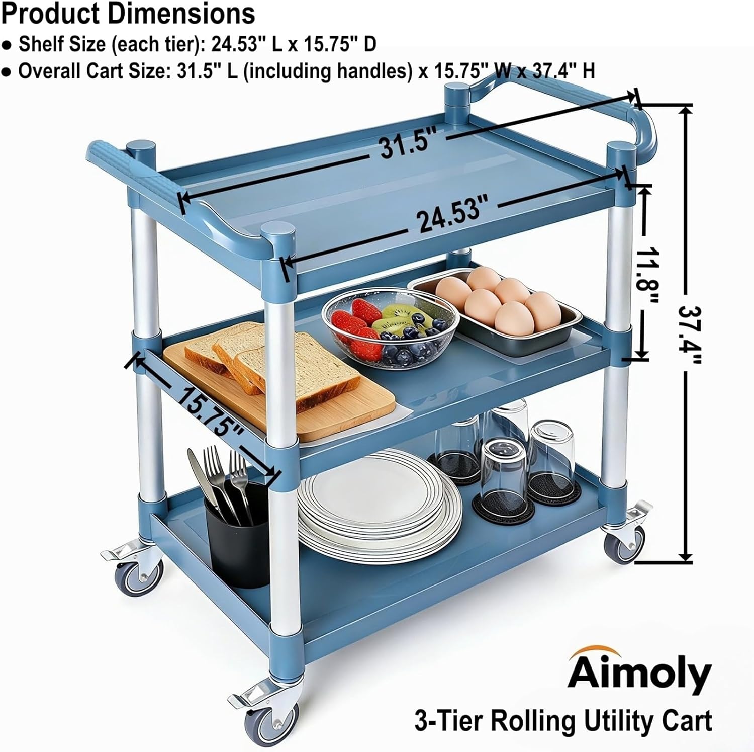 3-Tier Rolling Utility Cart on Wheels, 510 lbs Capacity Utility Service Cart, Commercial Kitchen Cart with 4 Lockable Swivel Casters for Restaurant/Home/Warehouse/Office (31.5X 15.75x 37.4 in)
