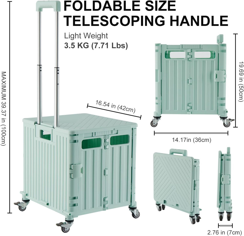 MACOPRO Folding Utility Cart Portable Rolling Crate Handcart Shopping Trolley Collapsible Tool Box, with Lid, Basket on 4 Rotate Wheels, for Grocery, Office, Teacher, Travel Shop Move Luggage (Green)