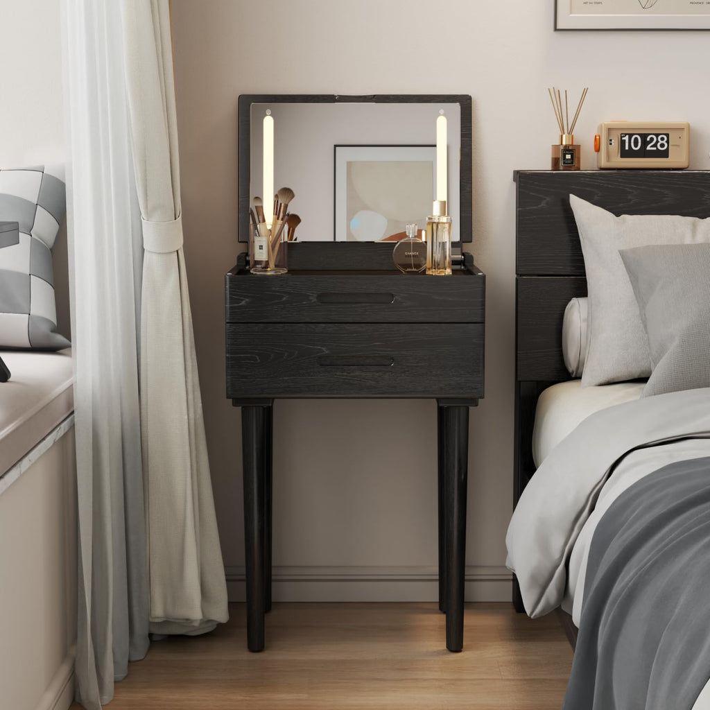 Muwuele Solid Wood Small Vanity Desk with Mirror and Lights, Narrow Makeup Vanity for Small Space, Flip Top Vanity Side Table, 3 Color Modes & Adjustable Brightness, 23.6" Slim Dressing Table, Walnut