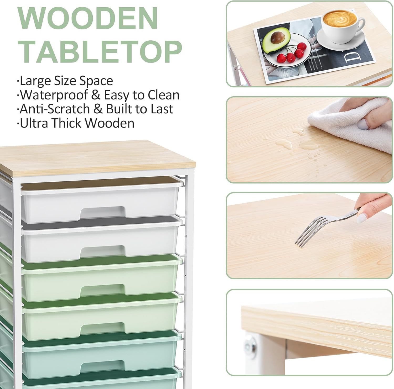 Green Rolling Utility Storage Cart with 8 Drawers & Wooden Tabletop, Multi-scene Organizer for Home Office Craft Dorm