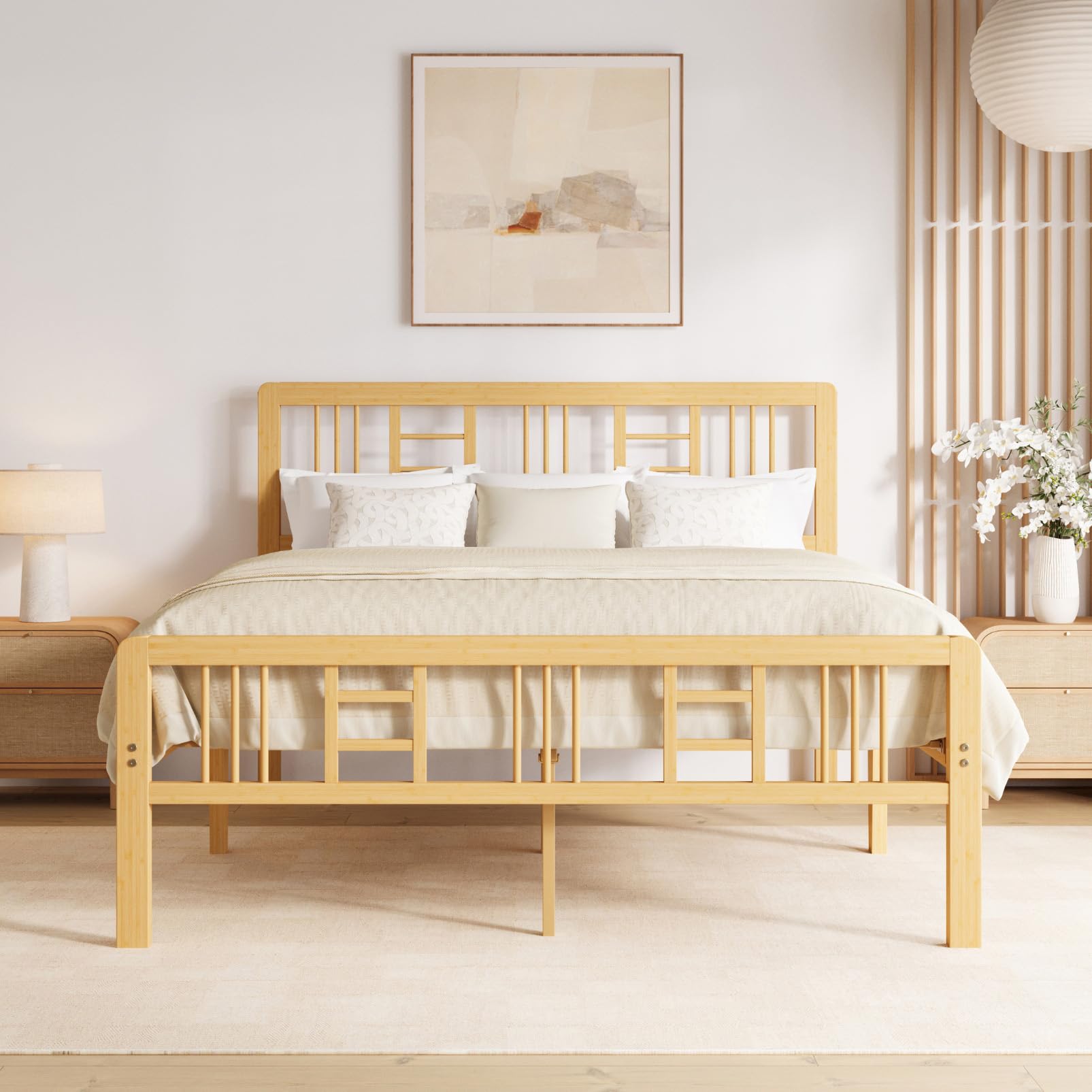 Hunlostten 10 in High Bamboo Wood Twin Bed Frame with Headboard & Footboard, Platform Bed Frame Twin Size with Steel Slats Support, Heavy Duty, No Box Spring Needed, Easy Assembly