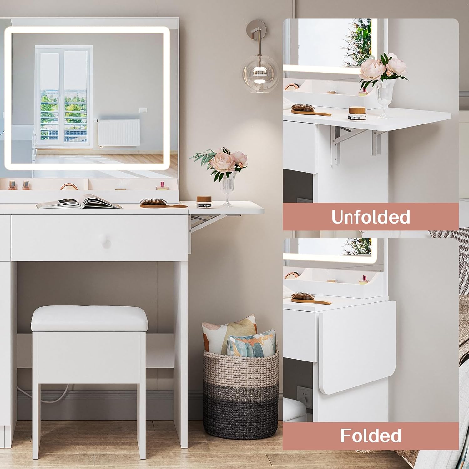 Haewon White Vanity Desk with Mirror and Lights, Makeup Vanity with Charging Station and 3 Lighting Modes, Dressing Table Set with Storage Cabinet, Drawers and Chair for Girls Bedroom