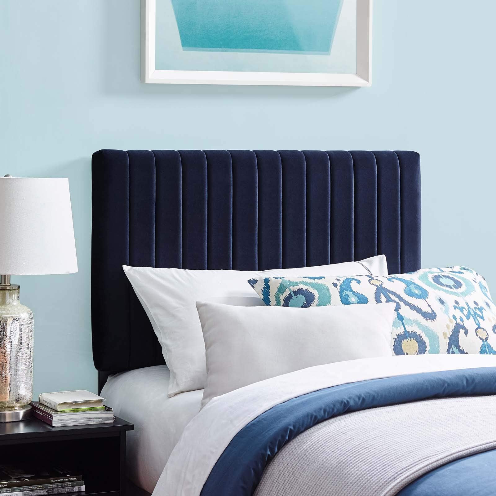 Modway Keira Channel Tufted Performance Velvet Upholstered Twin Headboard in Midnight Blue