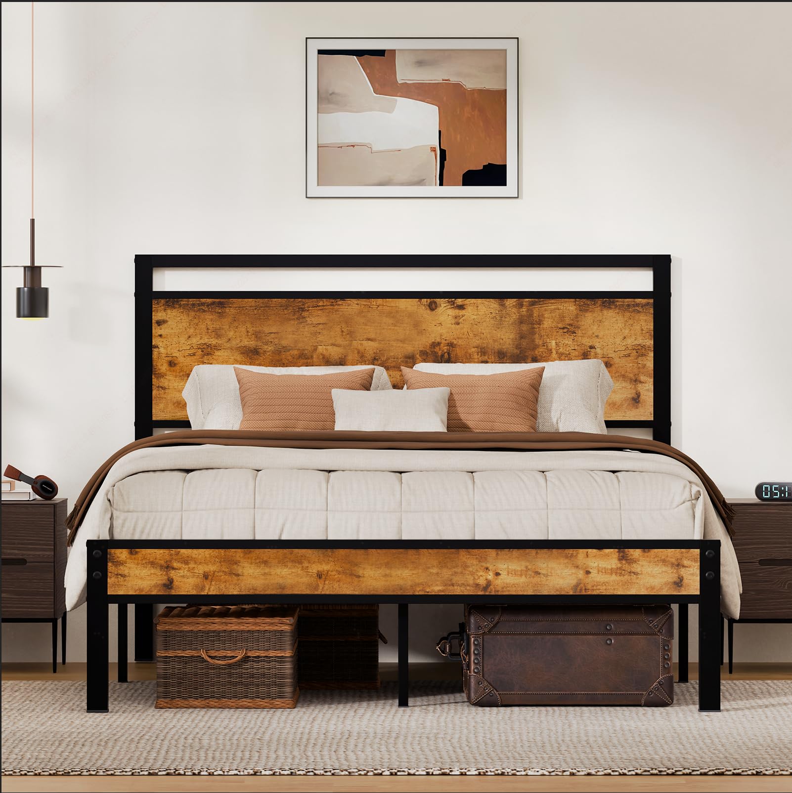Z-hom Twin Metal Bed Frame with Wooden Headboard and Footboard, Heavy Duty Platform Frame with Mrtal Slats, No Box Spring Needed, Quiet and Non-Slip Design, Saving Space for Small Bedroom,Walnut