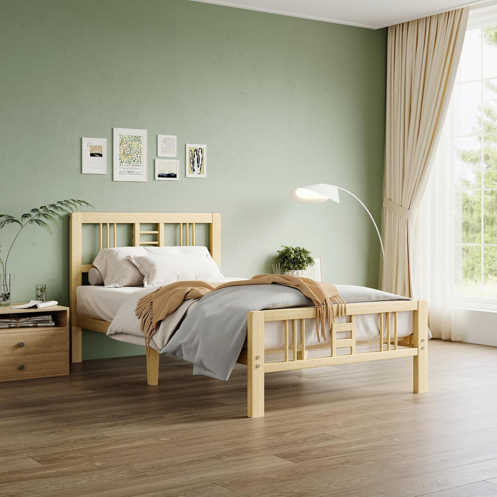 10 Inch High Bamboo Twin Bed Frame with Headboard Footboard & Metal Slat Support, Noise-Free Reinforced Platform Bed Easy to Assemble No Box Spring Required