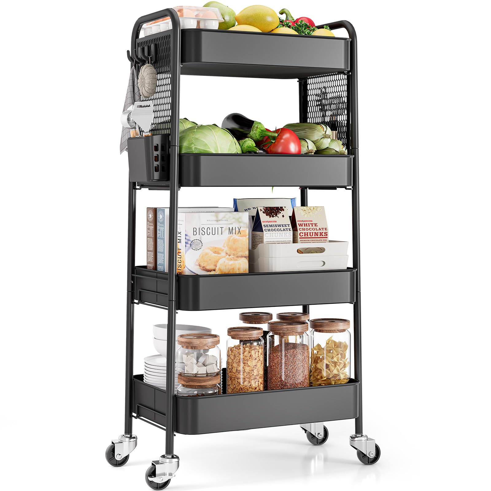 TOOLF 3 Tier Rolling Cart Storage Organizer, Metal Rolling Utility Cart with Wheels, Hooks & Bins Esthetician Craft Art Sturdy Storage with Pegboard for Bathroom, Kitchen, Office, Nursery Diaper