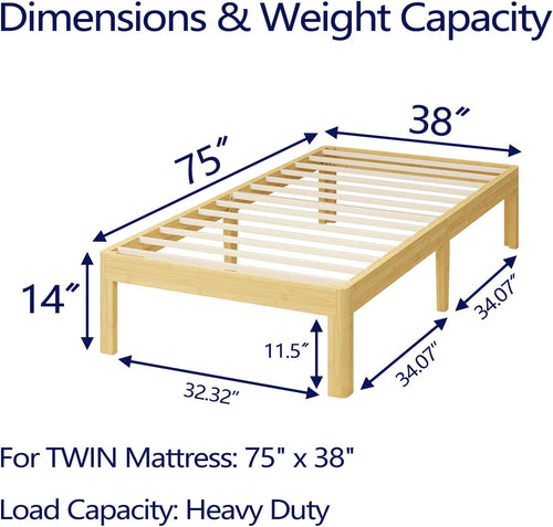 14 Inch High Bamboo Wood Heavy Duty Twin Bed Frame No Box Spring Needed, Platform Bed Frame Twin with Metal Slats Support, Easy to Install, Noise Free, Sturdy