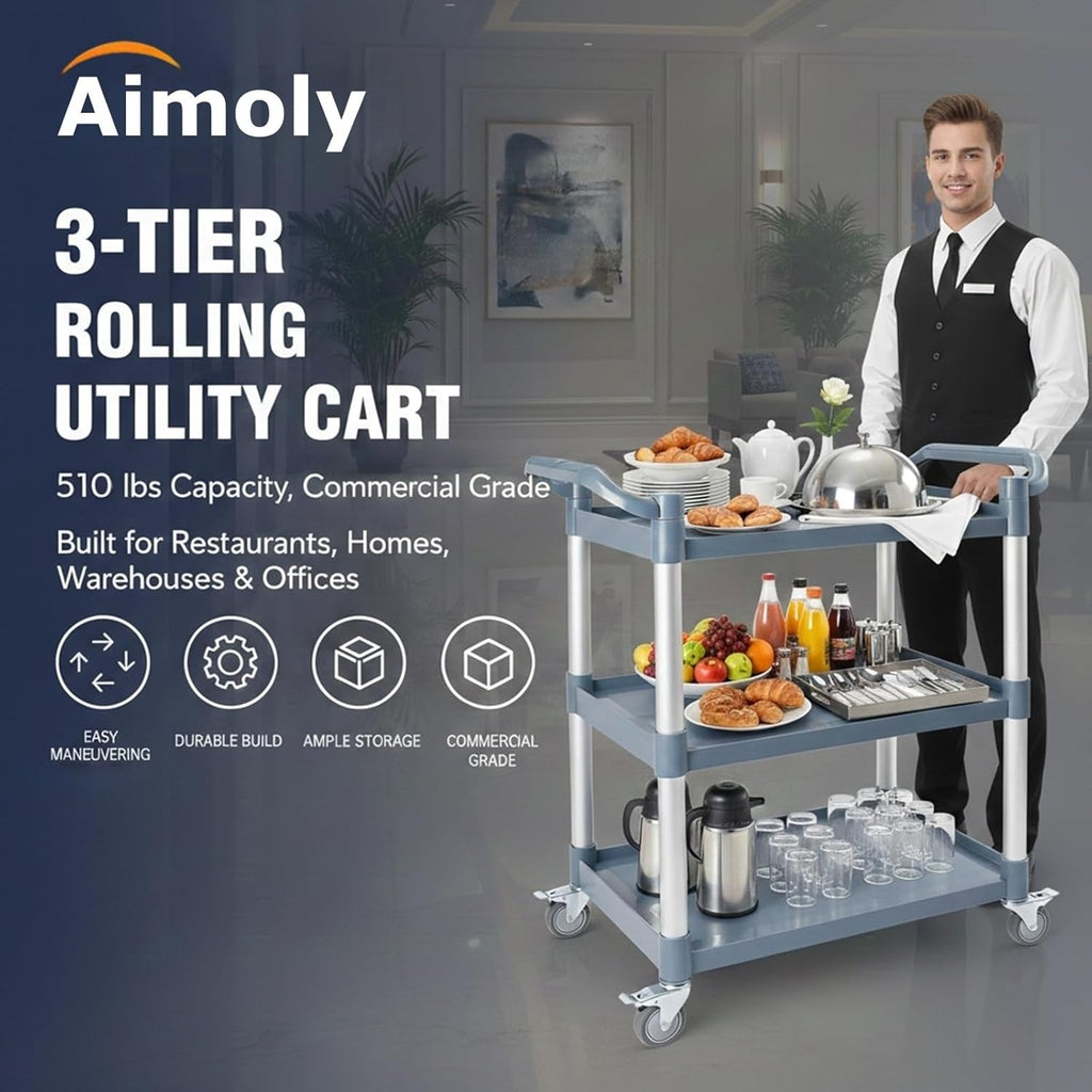 3-Tier Rolling Utility Cart on Wheels, 510 lbs Capacity Utility Service Cart, Commercial Kitchen Cart with 4 Lockable Swivel Casters for Restaurant/Home/Warehouse/Office (31.5X 15.75x 37.4 in)