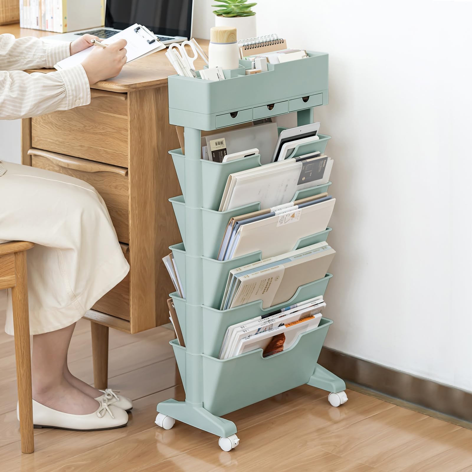 5 Tier Rolling Book Cart Multi-Functional Movable Storage Bookshelves with Lockable Wheels for Study Office Library Classroom, White (Whtie, with Wheel)