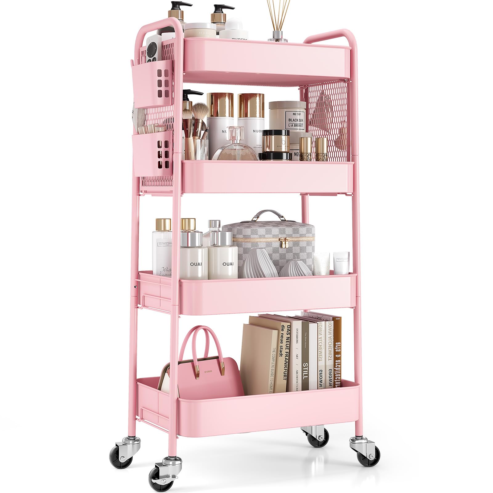 TOOLF 3 Tier Rolling Cart Storage Organizer, Metal Rolling Utility Cart with Wheels, Hooks & Bins Esthetician Craft Art Sturdy Storage with Pegboard for Bathroom, Kitchen, Office, Nursery Diaper