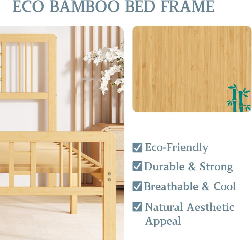 Hunlostten 10 in High Bamboo Wood Twin Bed Frame with Headboard & Footboard, Platform Bed Frame Twin Size with Steel Slats Support, Heavy Duty, No Box Spring Needed, Easy Assembly