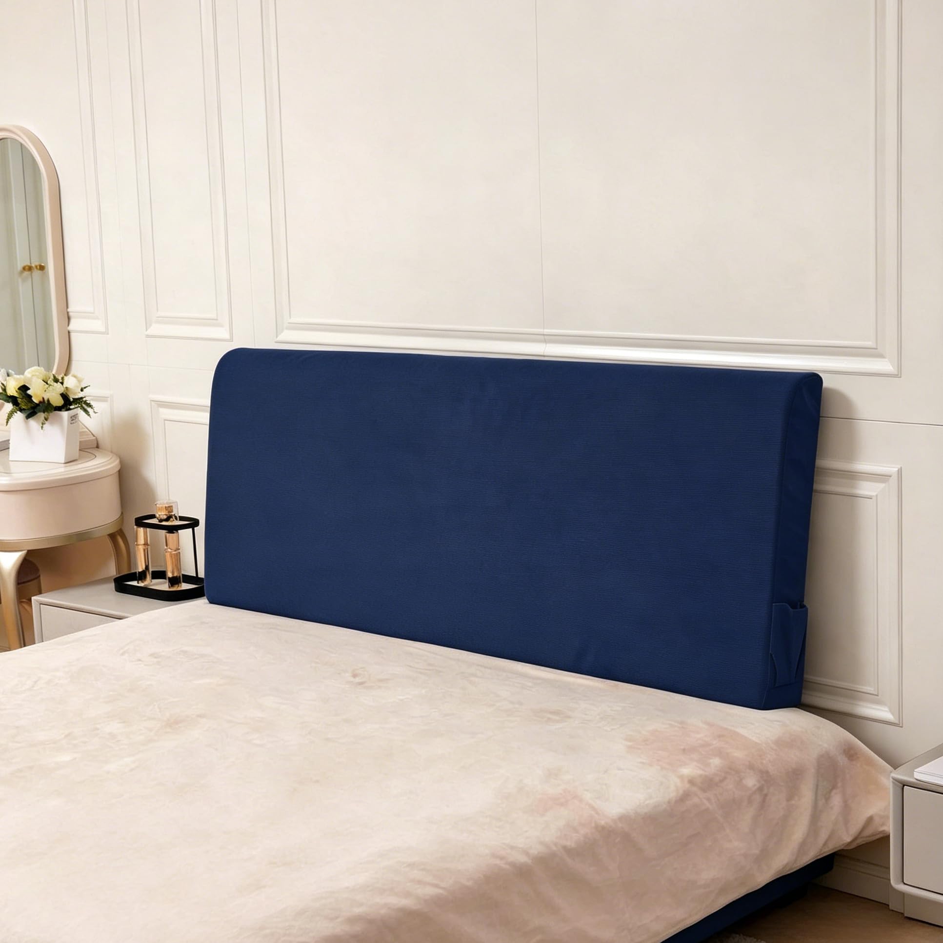 Upholstered Cotton Velvet Queen Headboard No Assembly Required Direct Installation, Soft Headboard with Storage Pocket, Removable Washable Cover, 3D Soundproof Bed Wall Panels, 59x4x24, Beige