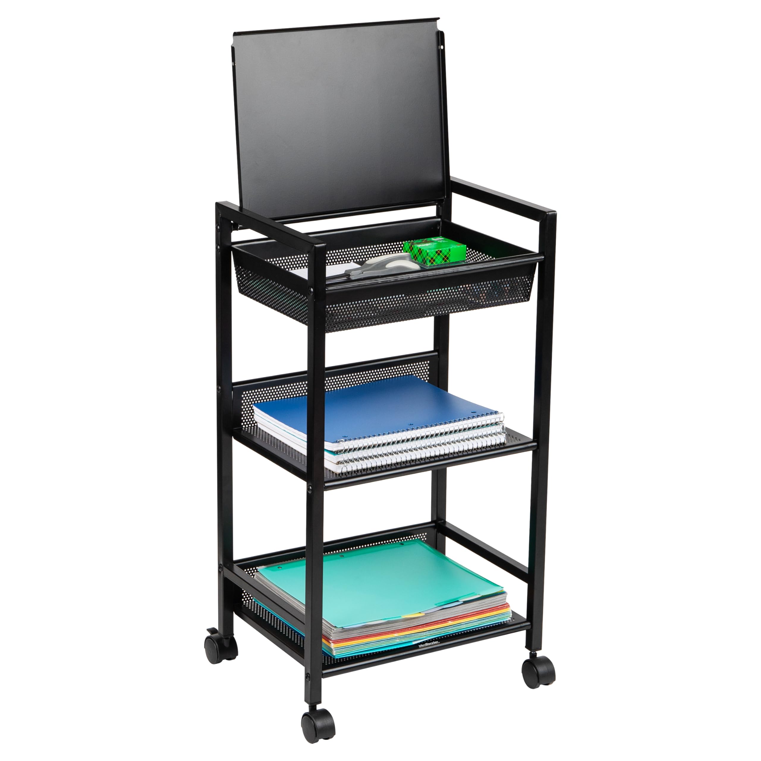 Mind Reader 3 Drawer Storage Organizer with Wood Top, Rolling Office Organizer Cabinet with Wheels, Office, Metal Mesh, Black