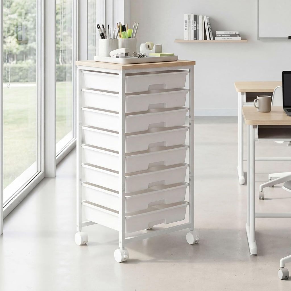 Rolling Cart with 8 Drawers, Rolling Storage Cart with Wooden Tabletop and Lockable Wheels, Craft Storage Cart for Living Room, Office, Classroom, Craft Room, Bedroom, Craft Organization and Storage