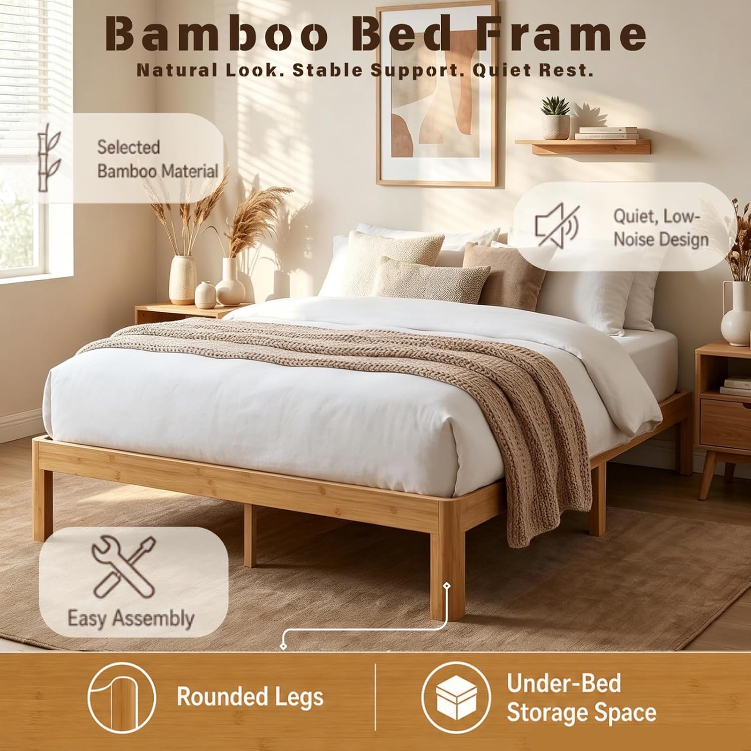 Askeld 12 Inch Wood Twin Bed Frame, Bamboo Heavy Duty Platform Twin Size Bed Frame No Box Spring Needed, Non Slip, Easy Assembly, Noise-Free