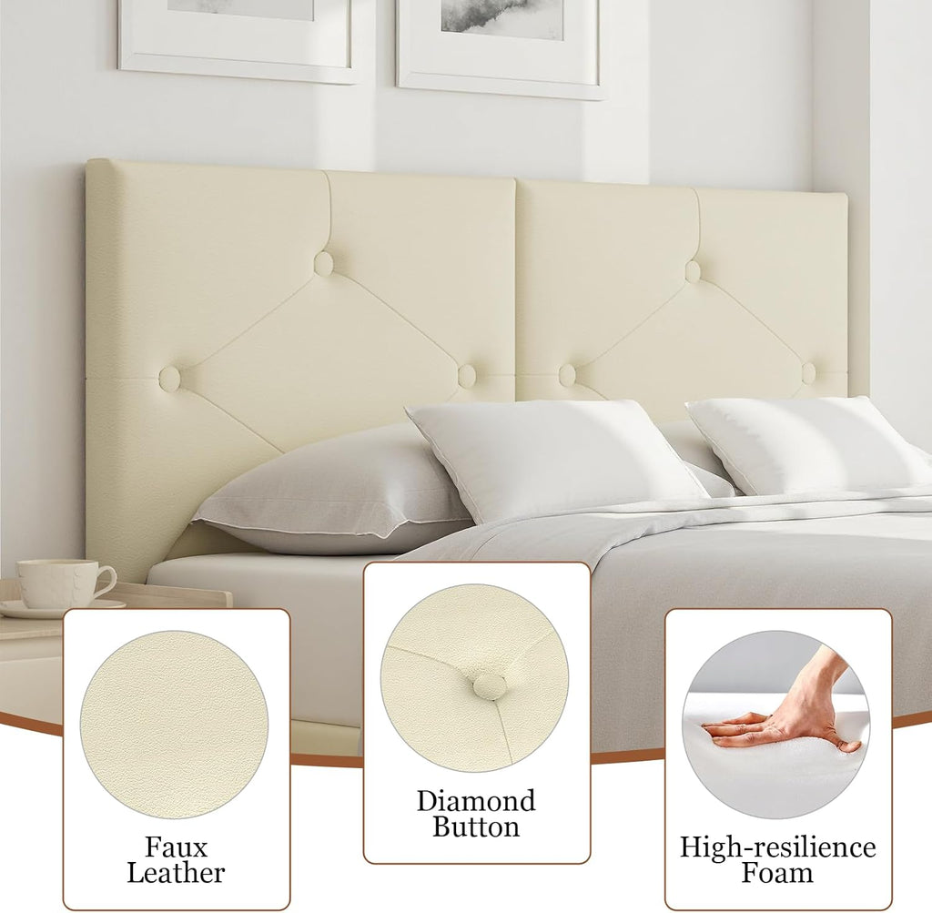 Modern Queen Headboard, Upholstered Faux Leather Bed Headboard with Solid Wood & Sturdy Metal Legs, Tufted Adjustable Height Headboards in Button Design, Beige
