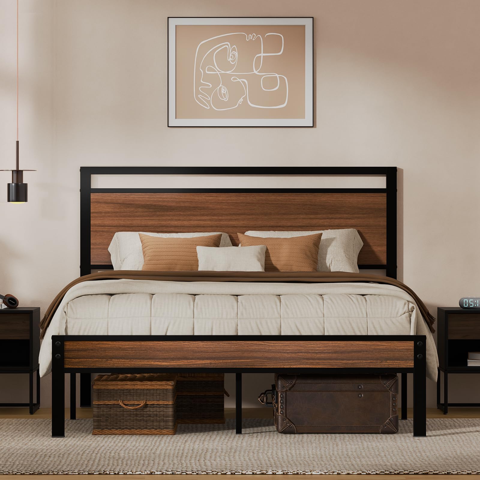 Z-hom Twin Metal Bed Frame with Wooden Headboard and Footboard, Heavy Duty Platform Frame with Mrtal Slats, No Box Spring Needed, Quiet and Non-Slip Design, Saving Space for Small Bedroom,Walnut