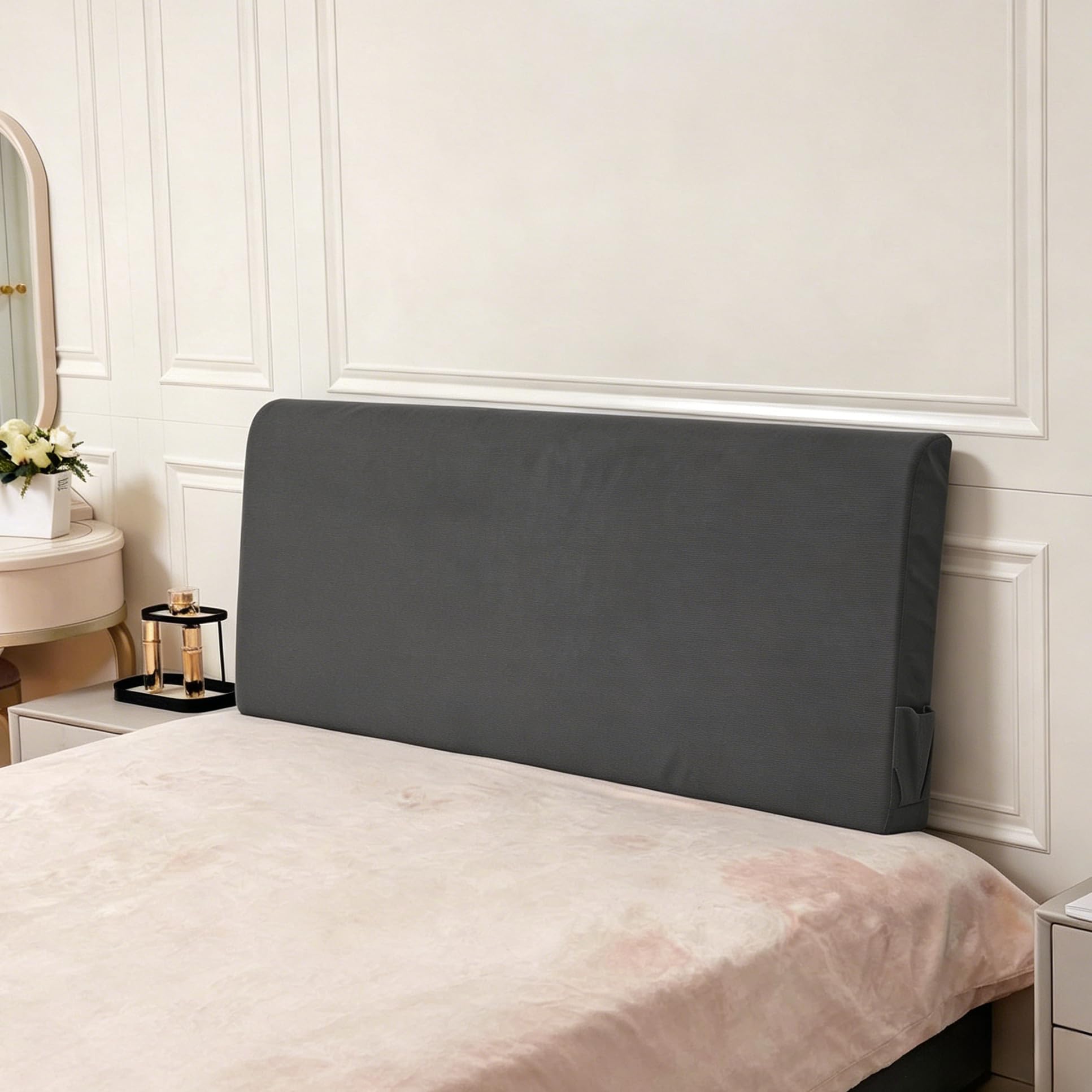 Upholstered Cotton Velvet Queen Headboard No Assembly Required Direct Installation, Soft Headboard with Storage Pocket, Removable Washable Cover, 3D Soundproof Bed Wall Panels, 59x4x24, Beige