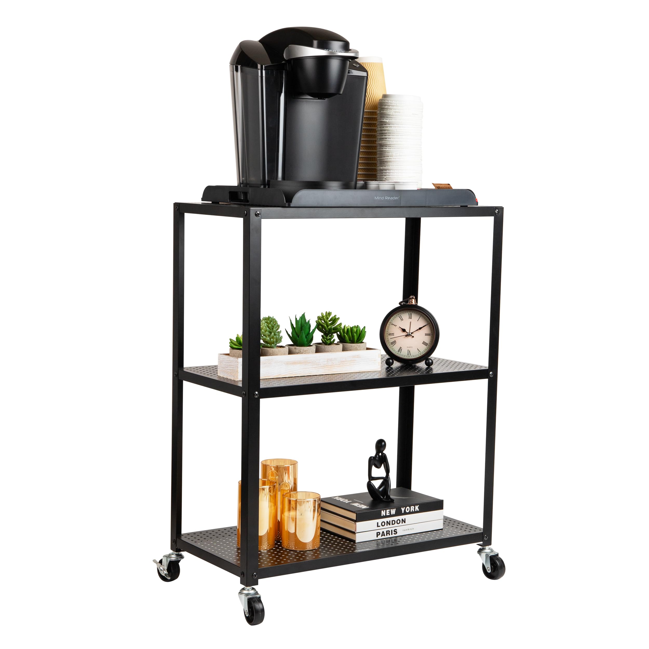 Mind Reader 3 Drawer Storage Organizer with Wood Top, Rolling Office Organizer Cabinet with Wheels, Office, Metal Mesh, Black