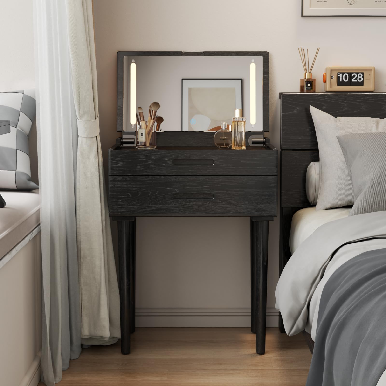 Muwuele Solid Wood Small Vanity Desk with Mirror and Lights, Narrow Makeup Vanity for Small Space, Flip Top Vanity Side Table, 3 Color Modes & Adjustable Brightness, 23.6" Slim Dressing Table, Walnut