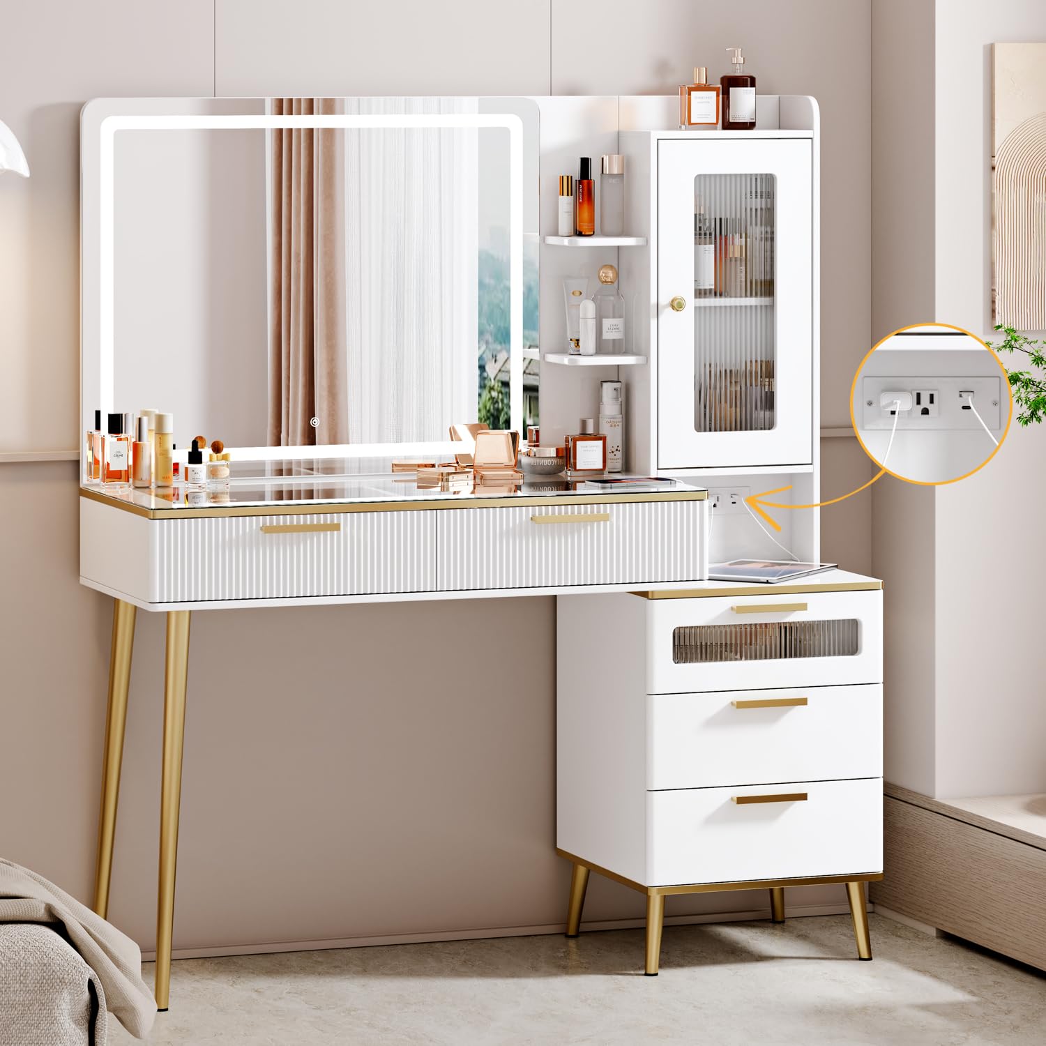 Arulvmrn Vanity Desk with 35.12" HD Lighted Mirror, 46.85" Big Modern Vanity Desk with Mirror and Lights, Makeup Vanity with 7 Drawers and Storage Shelves and Charging Station, Oak