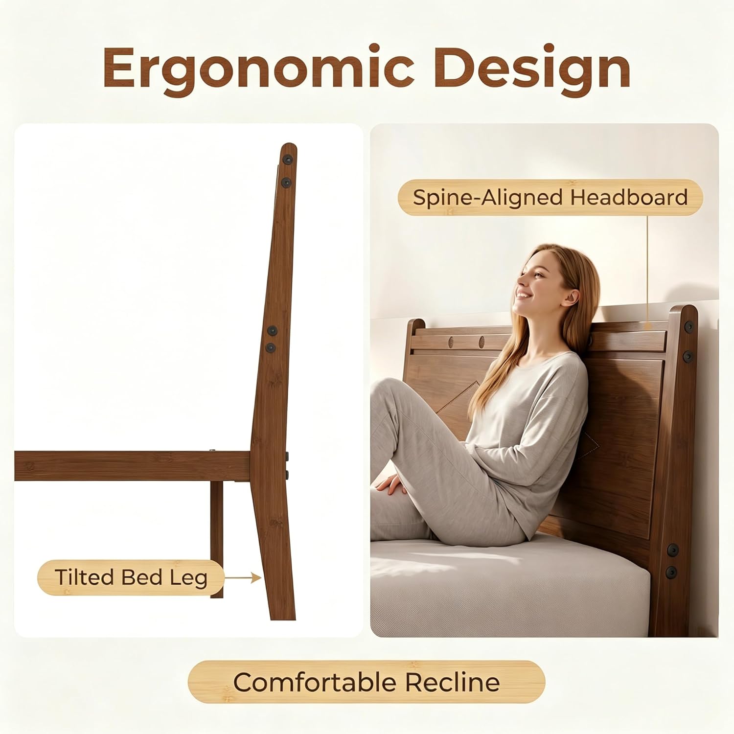 Askeld 14 inch Bamboo Twin Bed Frame with Headboard, Light Cottagecore Solid Wood Platform Bed No Box Spring Needed, Easy Assembly, Noise Free, Light Walnut Color