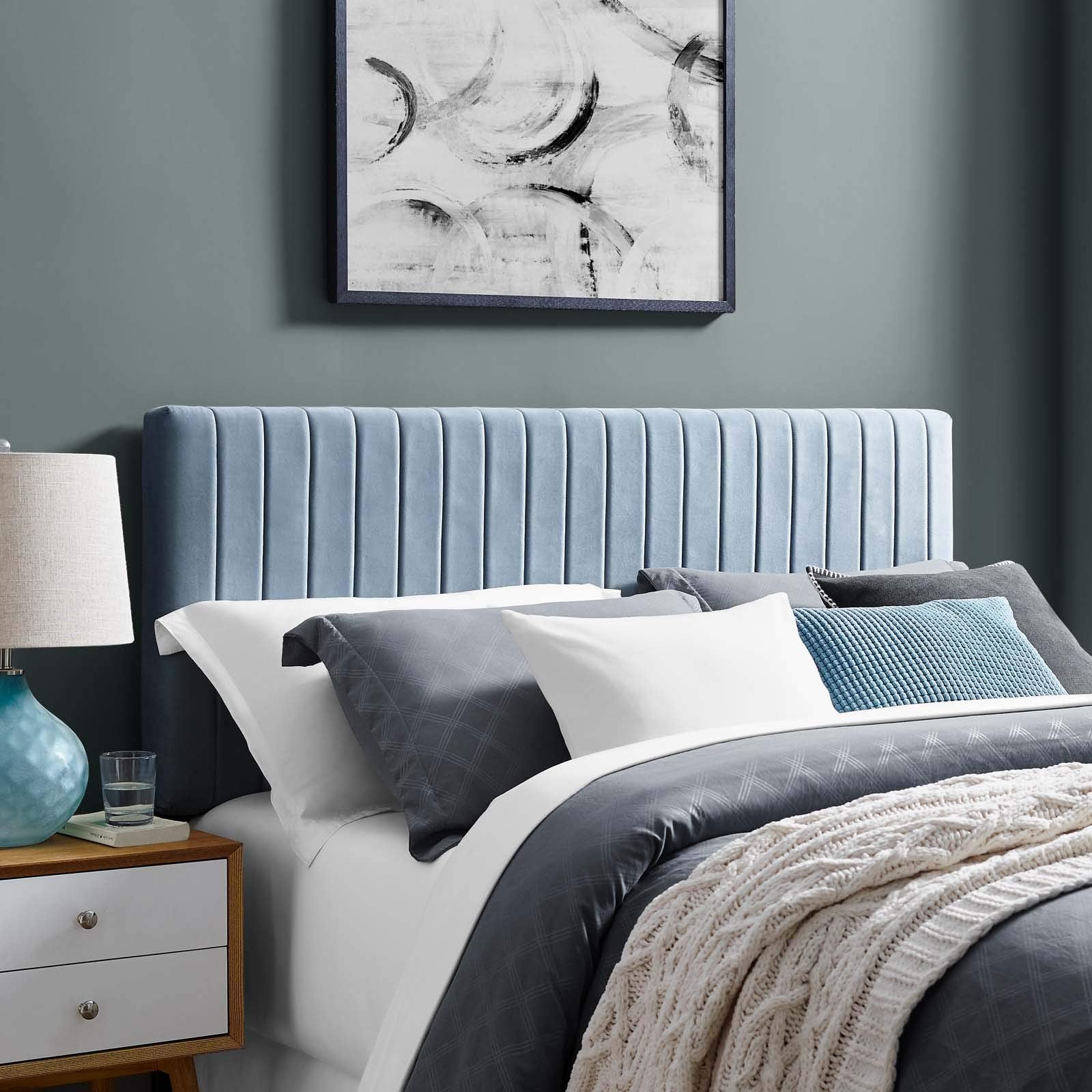 Modway Keira Channel Tufted Performance Velvet Upholstered Twin Headboard in Midnight Blue