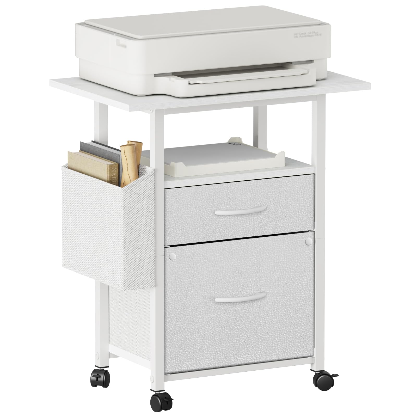 GYIIYUO 2 Drawer File Cabinet with 24'' Extended Desktop, Light Brown | Mobile Filing Cabinet, Side Bag, Fits A4/Letter Size, Rolling Printer Stand, Home Office, Fabric Drawer