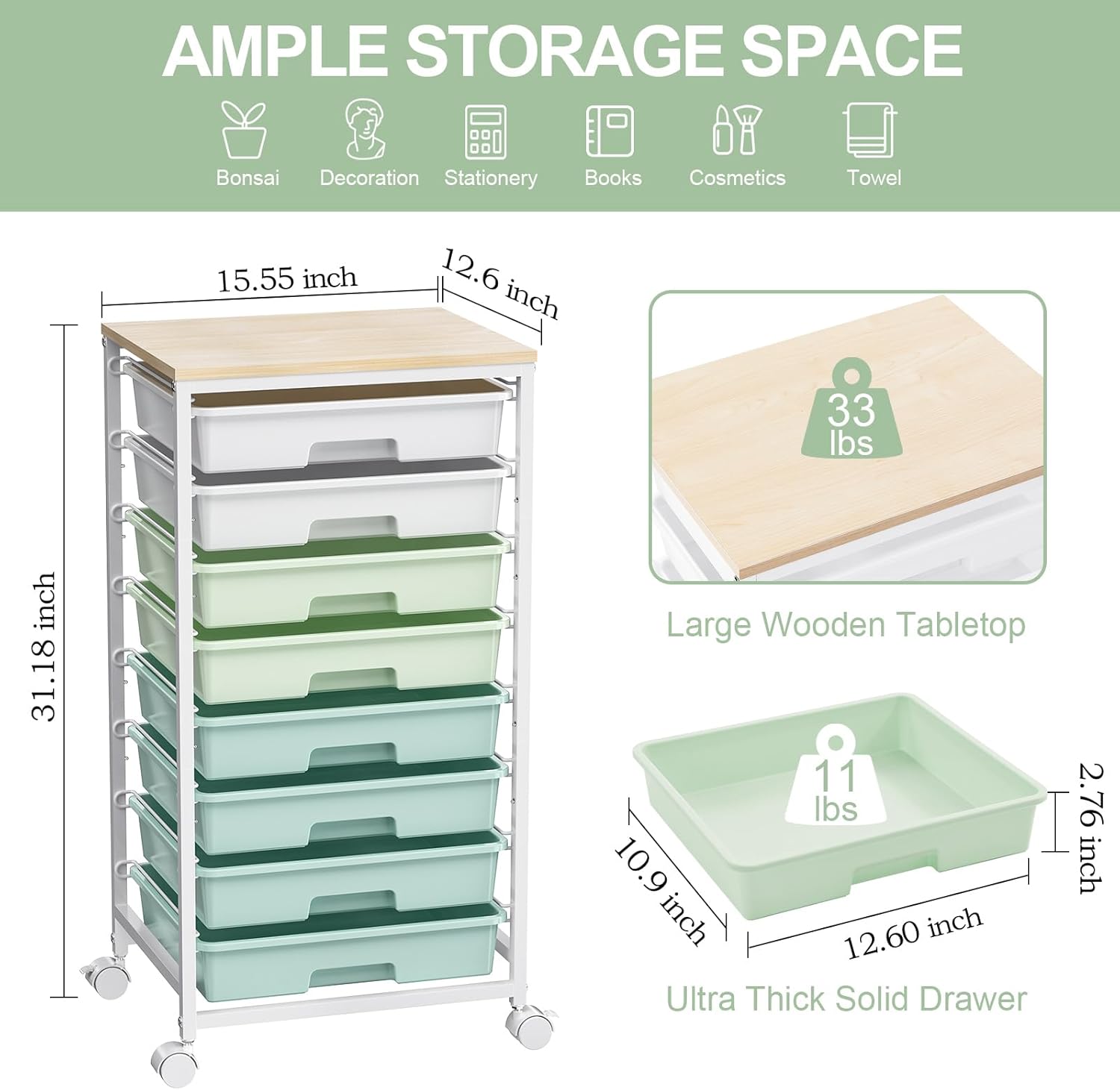 Green Rolling Utility Storage Cart with 8 Drawers & Wooden Tabletop, Multi-scene Organizer for Home Office Craft Dorm