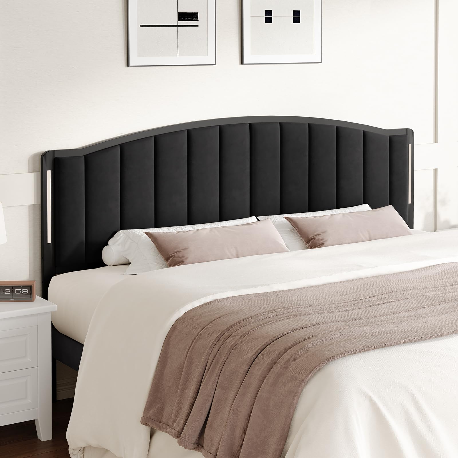 Headboard for Queen Size Bed with LED Lights, Upholstered Vertical Channel Tufting Head Boards, Velvet Headboard Only, Attach Frame, Ideal for Bedroom, Dorm, Guest Room, Green