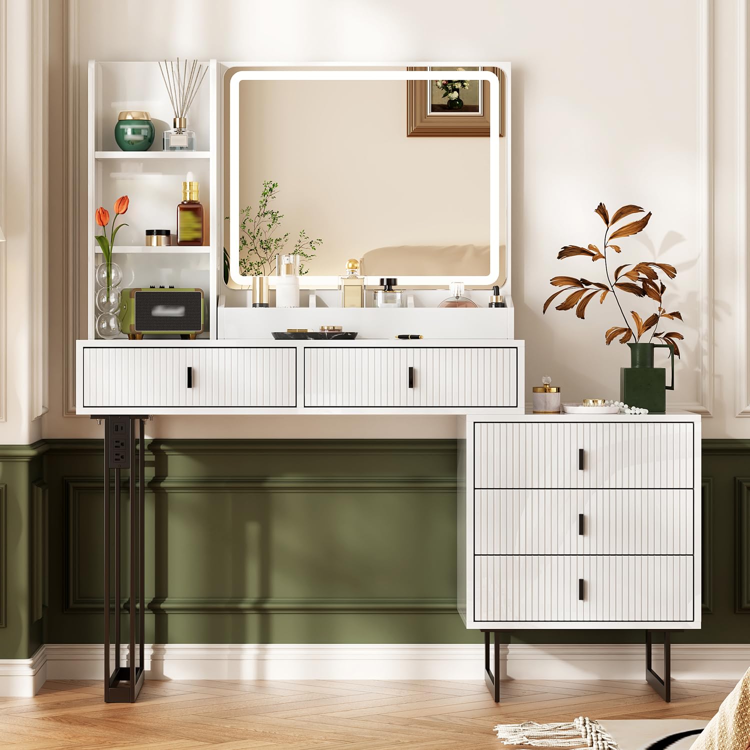 Large Vanity Desk with 3 Color Touch Screen Dimming Mirror, Vanity Desk with Charging Station, Modern Retractable Makeup Dressing Table, Makeup Table With storage shelves and 5 Sliding Drawers, Oak