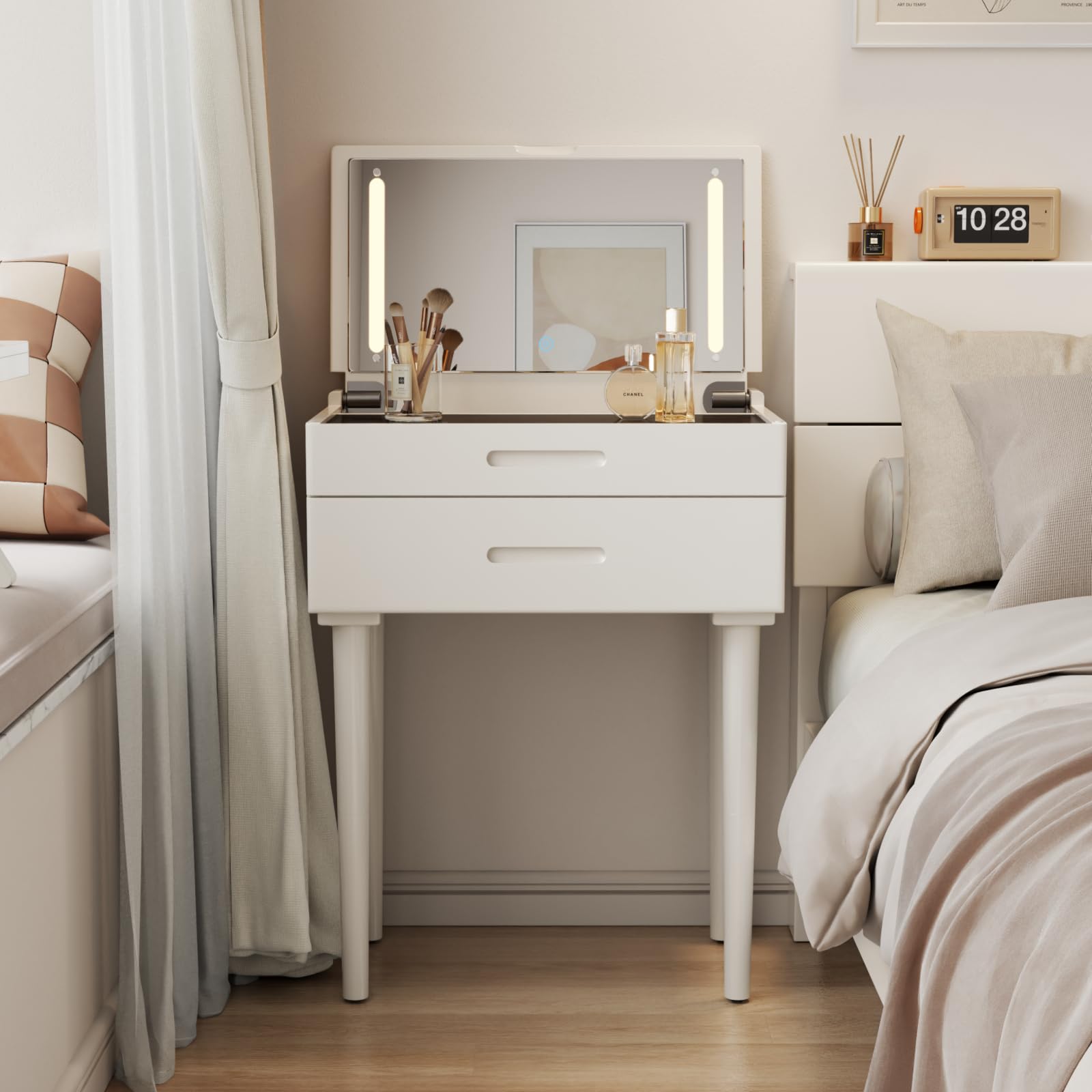Muwuele Solid Wood Small Vanity Desk with Mirror and Lights, Narrow Makeup Vanity for Small Space, Flip Top Vanity Side Table, 3 Color Modes & Adjustable Brightness, 23.6" Slim Dressing Table, Walnut