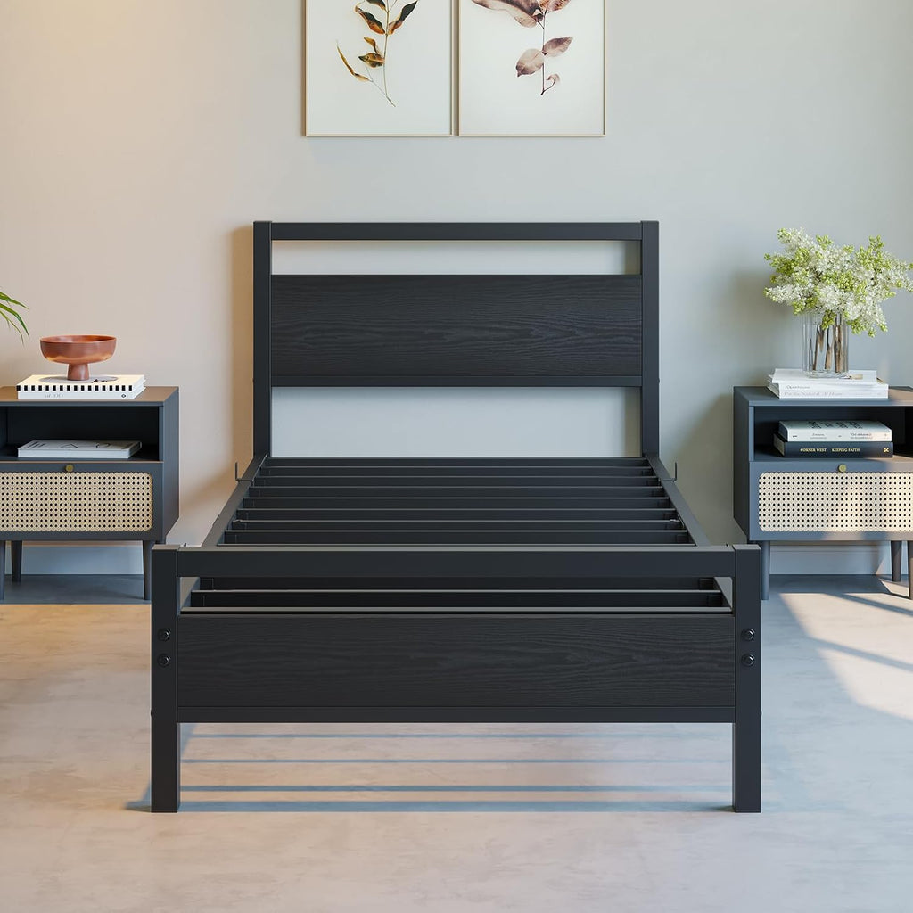 BOFENG Black Twin Bed Frame with Wood Headboard,Metal Single Platform Bed Frame Twin Size No Box Spring Needed,Heavy Duty Metal Slats Support,Noise Free,Single Bed Base,Easy Assembly