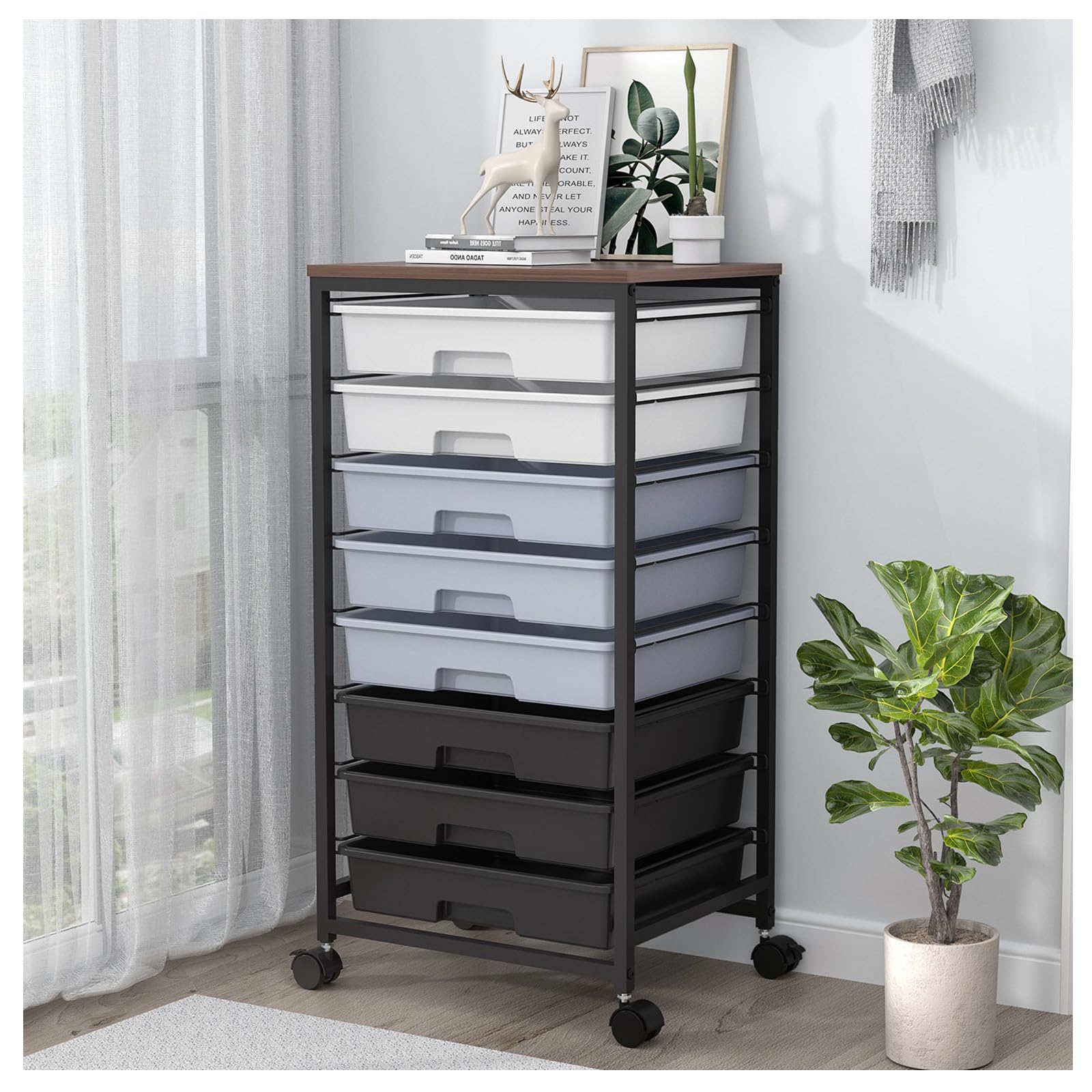Green Rolling Utility Storage Cart with 8 Drawers & Wooden Tabletop, Multi-scene Organizer for Home Office Craft Dorm