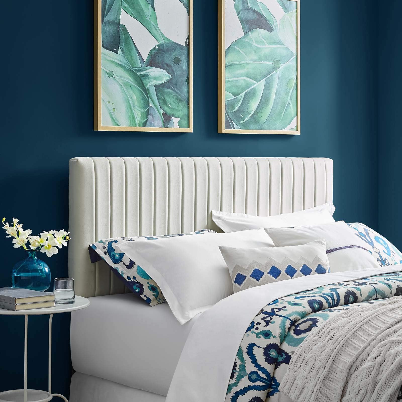 Modway Keira Channel Tufted Performance Velvet Upholstered Twin Headboard in Midnight Blue