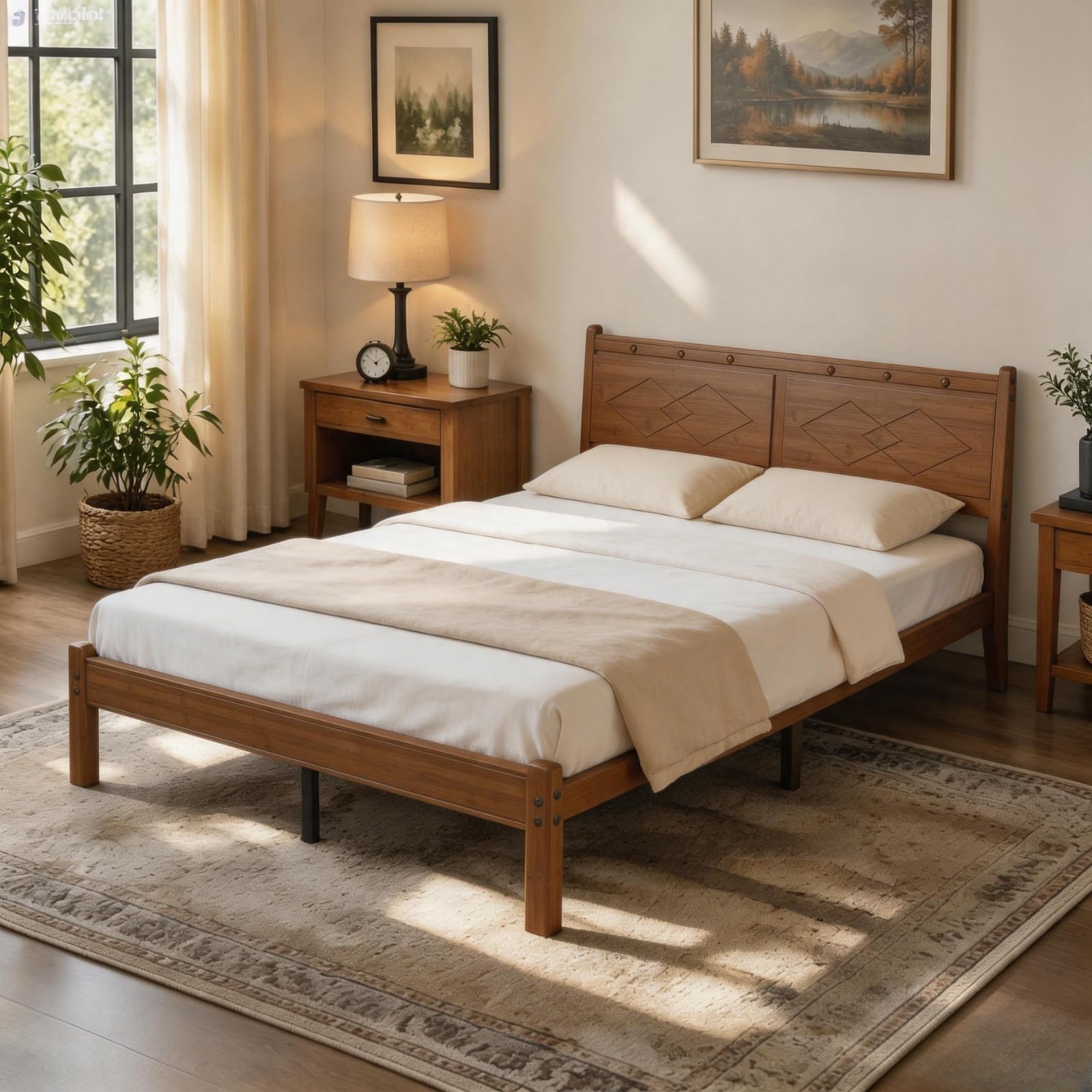 Askeld 14 inch Bamboo Twin Bed Frame with Headboard, Light Cottagecore Solid Wood Platform Bed No Box Spring Needed, Easy Assembly, Noise Free, Light Walnut Color