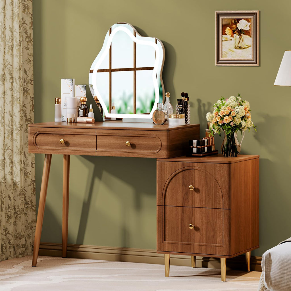 Chrangmay Walnut Corner Makeup Vanity Desk with Lighted Mirror & 4 Drawers, Modern Minimalist Dressing Table with Nightstand for Girls Bedroom