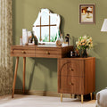 Chrangmay Walnut Corner Makeup Vanity Desk with Lighted Mirror & 4 Drawers, Modern Minimalist Dressing Table with Nightstand for Girls Bedroom
