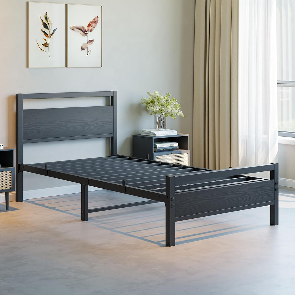BOFENG Black Twin Bed Frame with Wood Headboard,Metal Single Platform Bed Frame Twin Size No Box Spring Needed,Heavy Duty Metal Slats Support,Noise Free,Single Bed Base,Easy Assembly