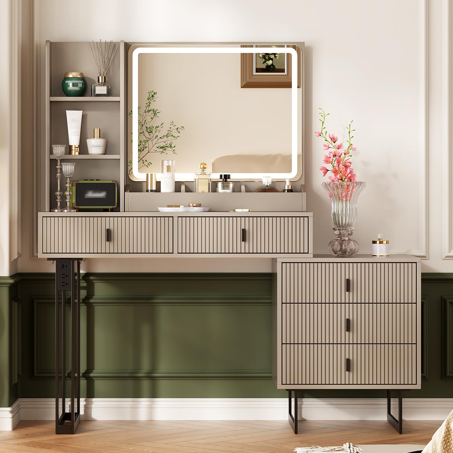 Large Vanity Desk with 3 Color Touch Screen Dimming Mirror, Vanity Desk with Charging Station, Modern Retractable Makeup Dressing Table, Makeup Table With storage shelves and 5 Sliding Drawers, Oak