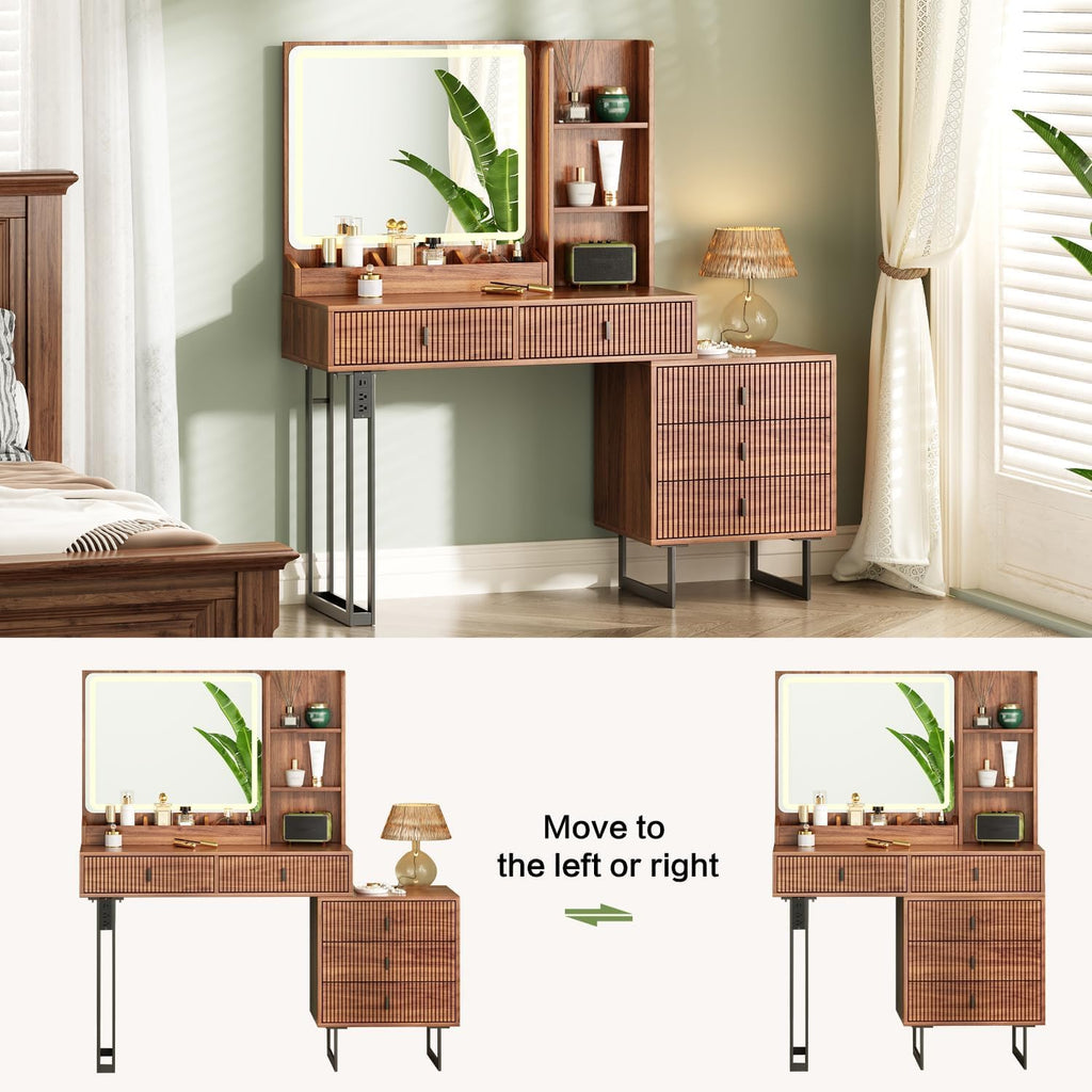 Large Vanity Desk with 3 Color Touch Screen Dimming Mirror, Vanity Desk with Charging Station, Modern Retractable Makeup Dressing Table, Makeup Table With storage shelves and 5 Sliding Drawers, Brown