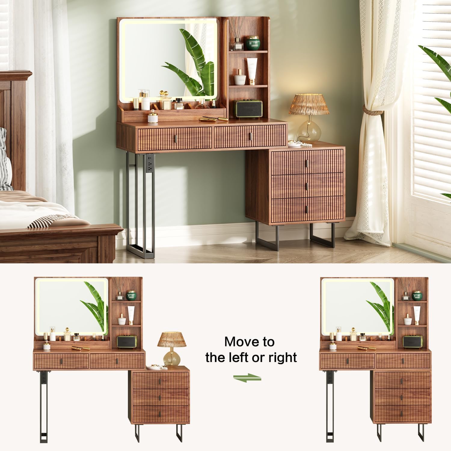 Large Vanity Desk with 3 Color Touch Screen Dimming Mirror, Vanity Desk with Charging Station, Modern Retractable Makeup Dressing Table, Makeup Table With storage shelves and 5 Sliding Drawers, Brown