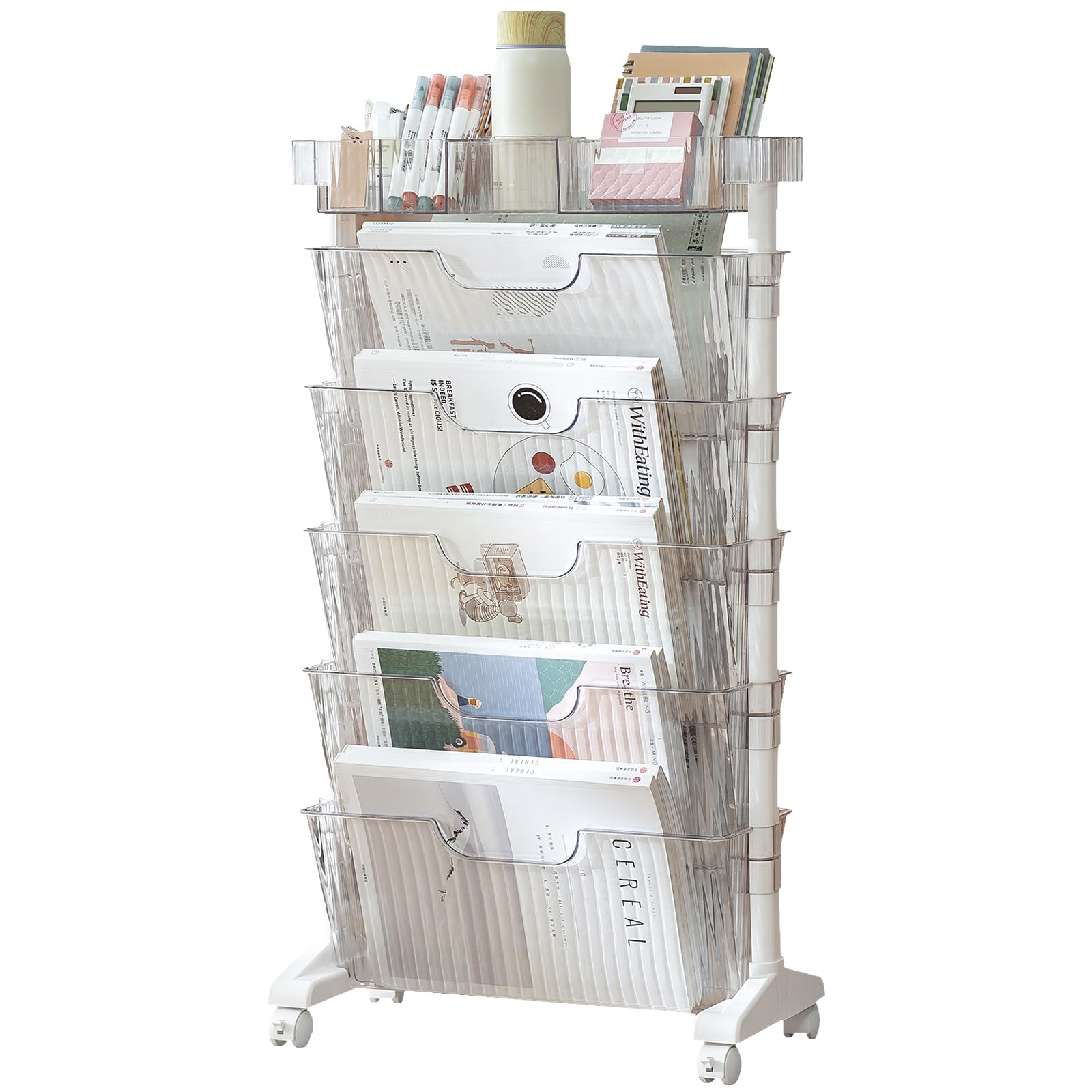 5 Tier Rolling Book Cart Multi-Functional Movable Storage Bookshelves with Lockable Wheels for Study Office Library Classroom, White (Whtie, with Wheel)