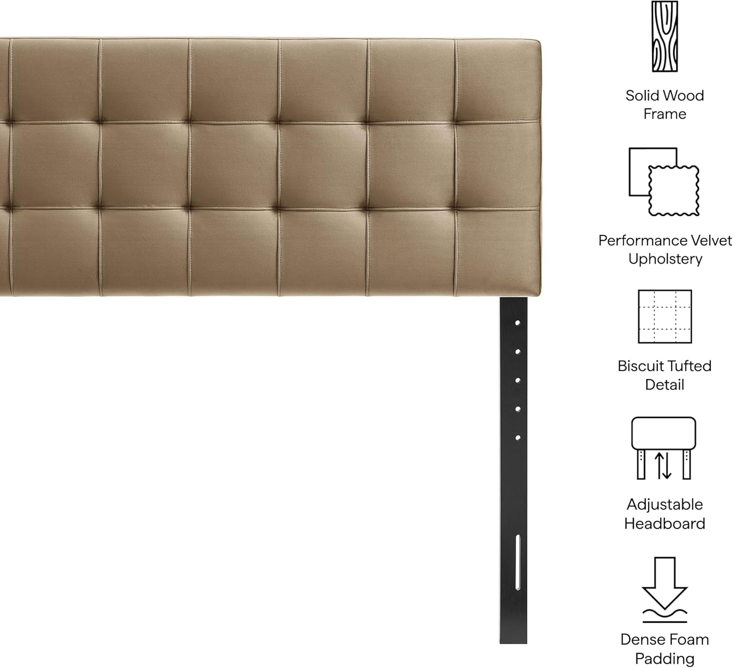 Modway Lily Performance Velvet Queen Size Headboard with Biscuit Tufting in Taupe - Stain-Resistant Upholstery with Padded Design and 5 Height-Adjustable Mounts