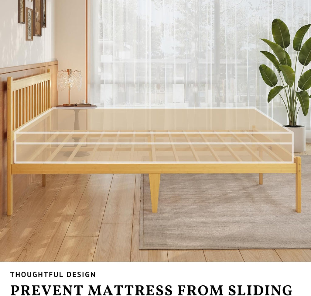 Askeld Wood Twin XL Bed Frame with Headboard, 12 Inch High Solid Bamboo Platform Bed No Box Spring Needed, Mid-Century Heavy Duty Bedframe, Easy Assembly, Noise Free