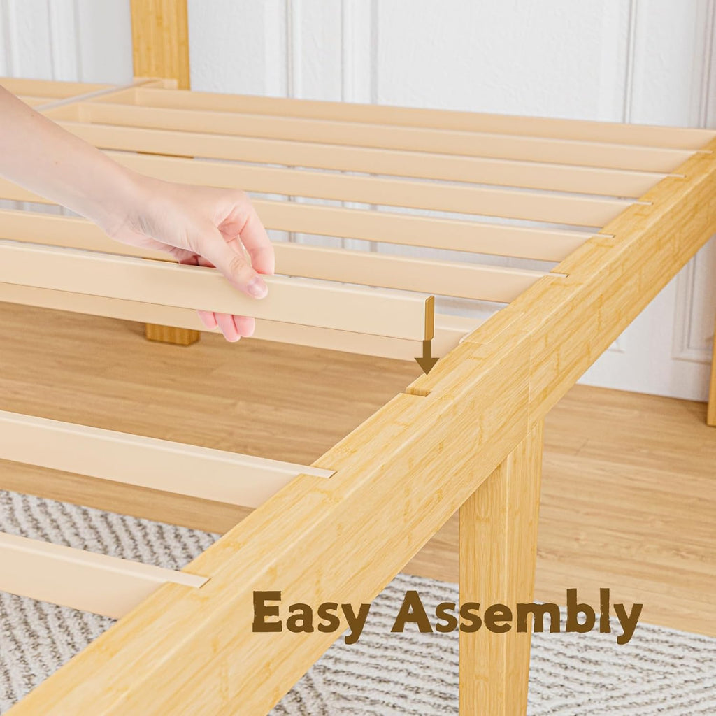 10 Inch High Bamboo Twin Bed Frame with Headboard Footboard & Metal Slat Support, Noise-Free Reinforced Platform Bed Easy to Assemble No Box Spring Required