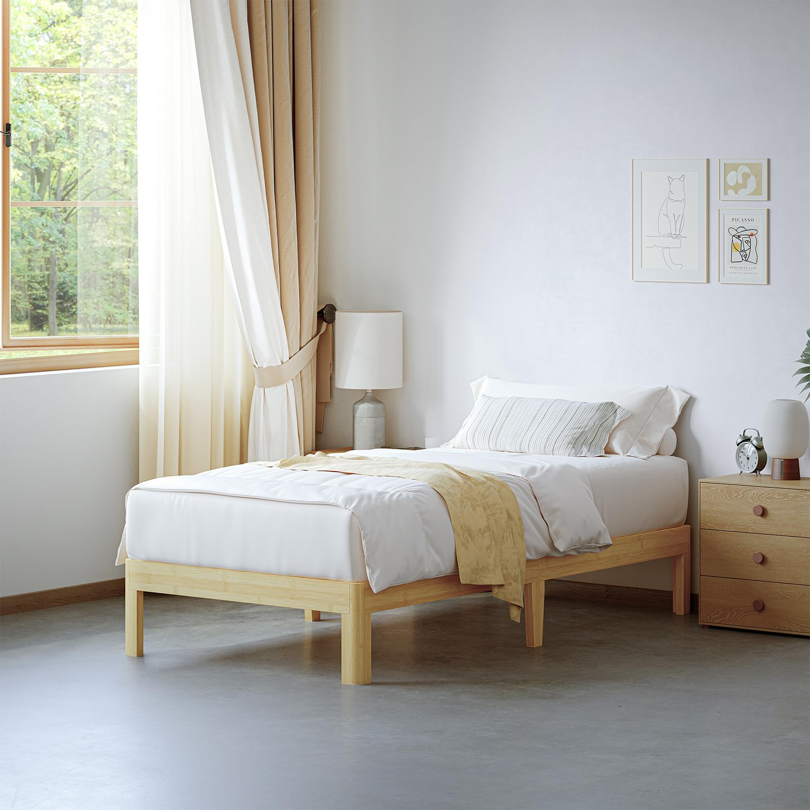 14 Inch High Bamboo Wood Heavy Duty Twin Bed Frame No Box Spring Needed, Platform Bed Frame Twin with Metal Slats Support, Easy to Install, Noise Free, Sturdy