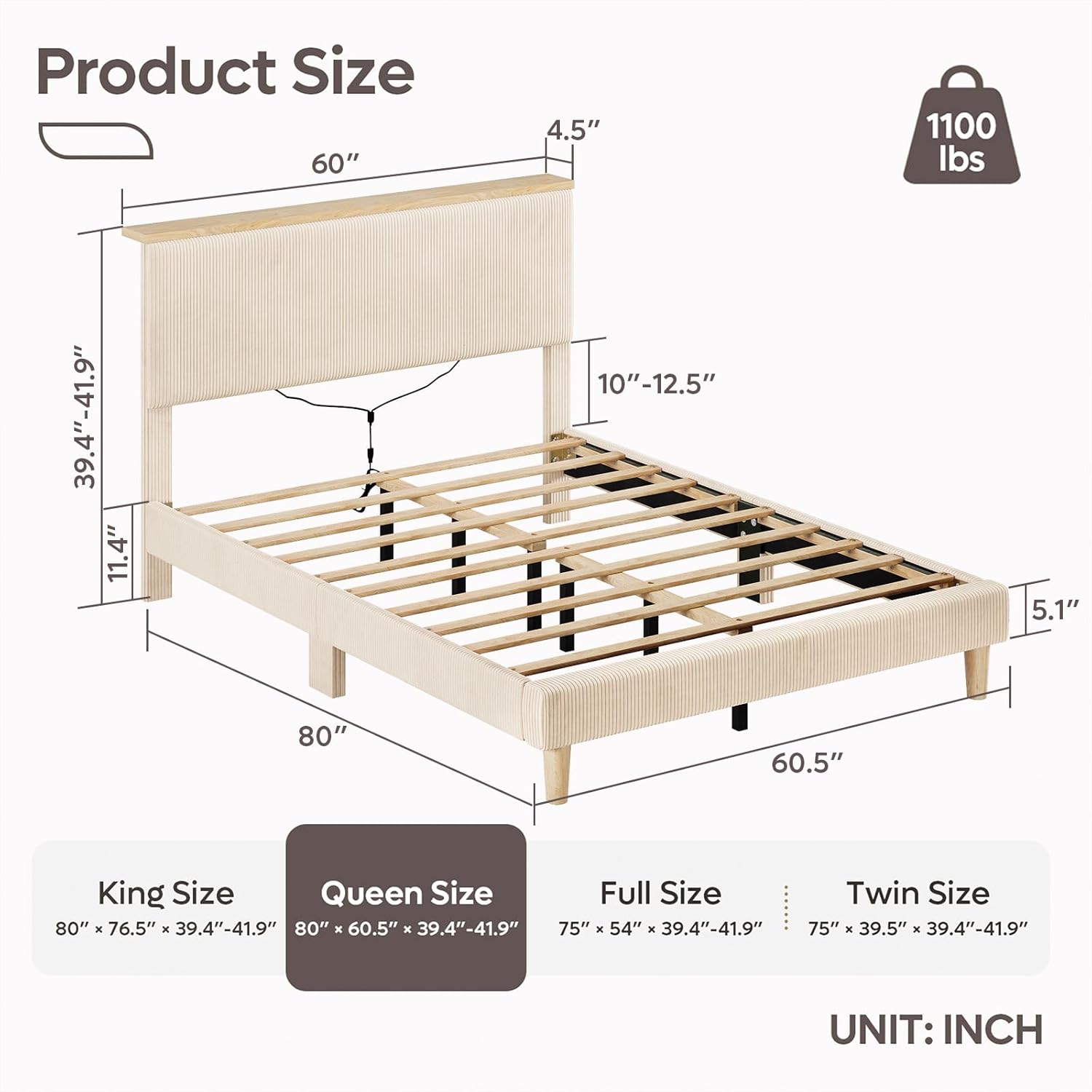 Bestier Queen Bed Frame with Adjustable Headboard & LED Lighting, Corduroy Upholstered Platform Bed Frame with Storage Shelf, Solid Wood Slats, No Box Spring Needed,Never Squeak, Easy Assembly, Beige