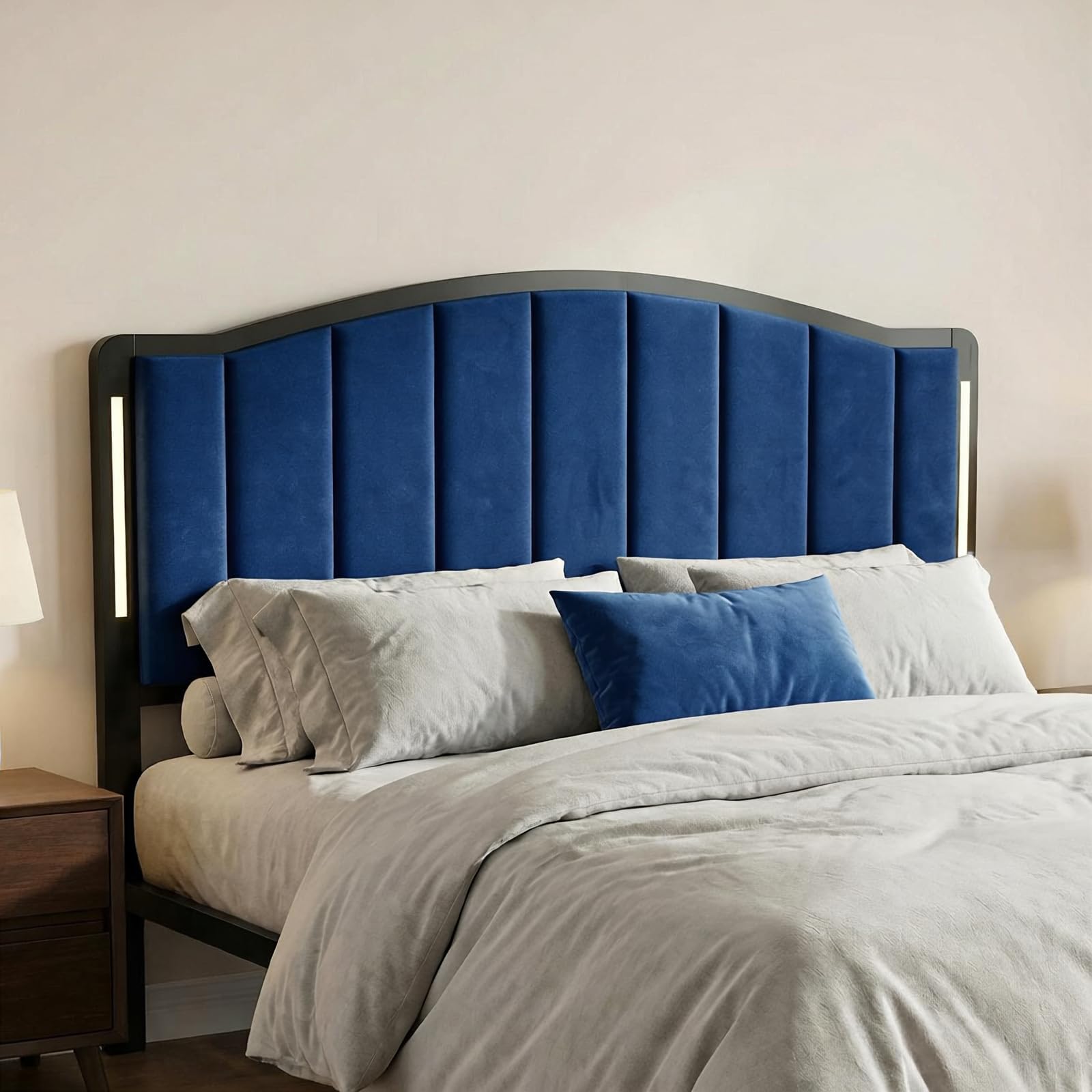 Headboard for Queen Size Bed with LED Lights, Upholstered Vertical Channel Tufting Head Boards, Velvet Headboard Only, Attach Frame, Ideal for Bedroom, Dorm, Guest Room, Green