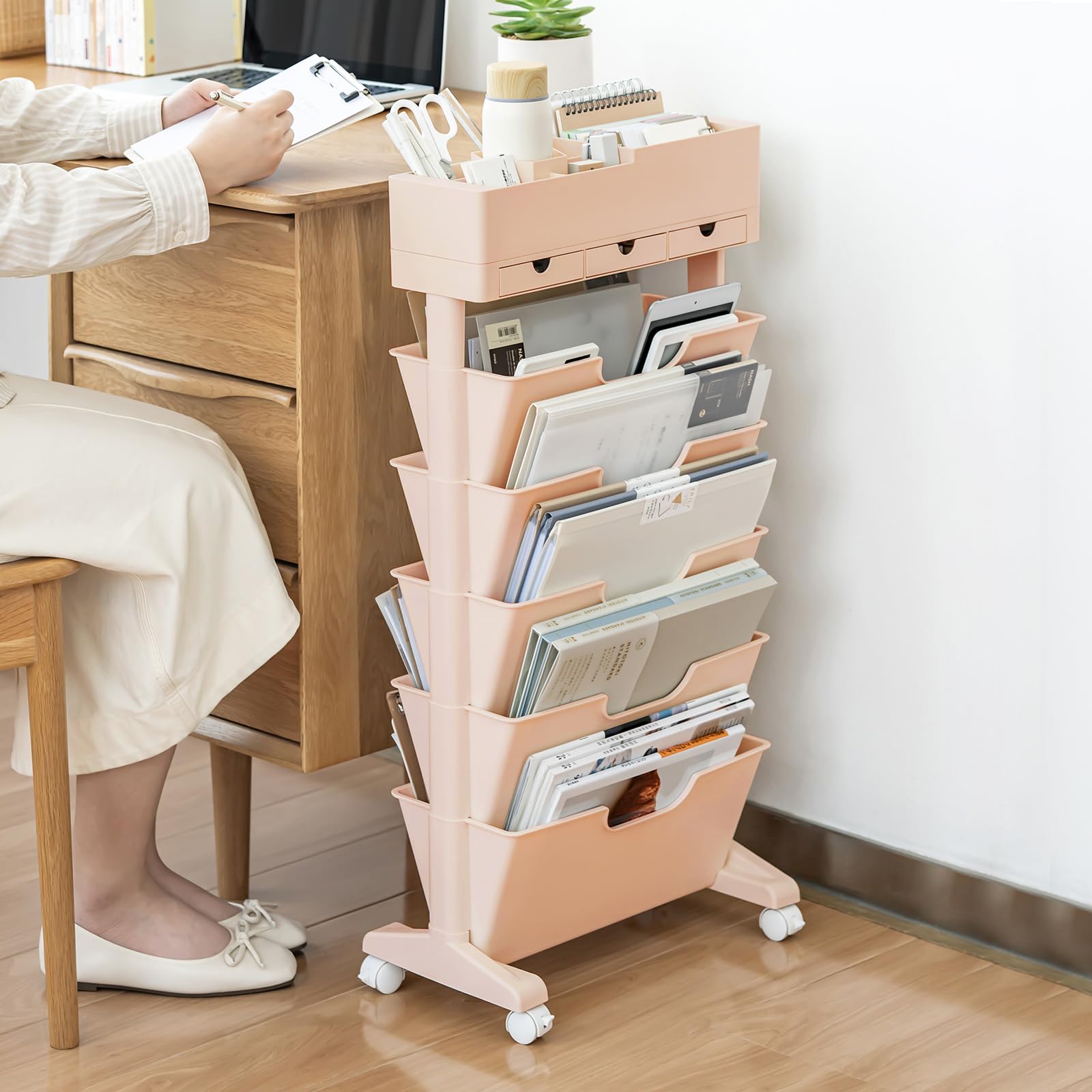 5 Tier Rolling Book Cart Multi-Functional Movable Storage Bookshelves with Lockable Wheels for Study Office Library Classroom, White (Whtie, with Wheel)